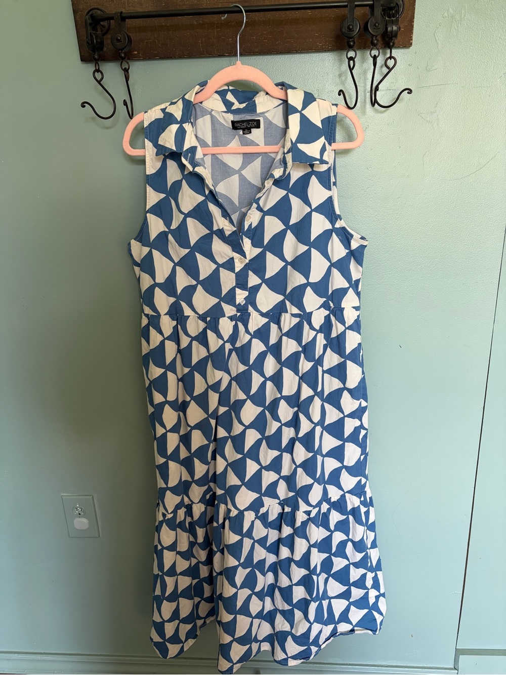 Rachel Zoe Blue & White Geometric Sleeveless Collared Dress